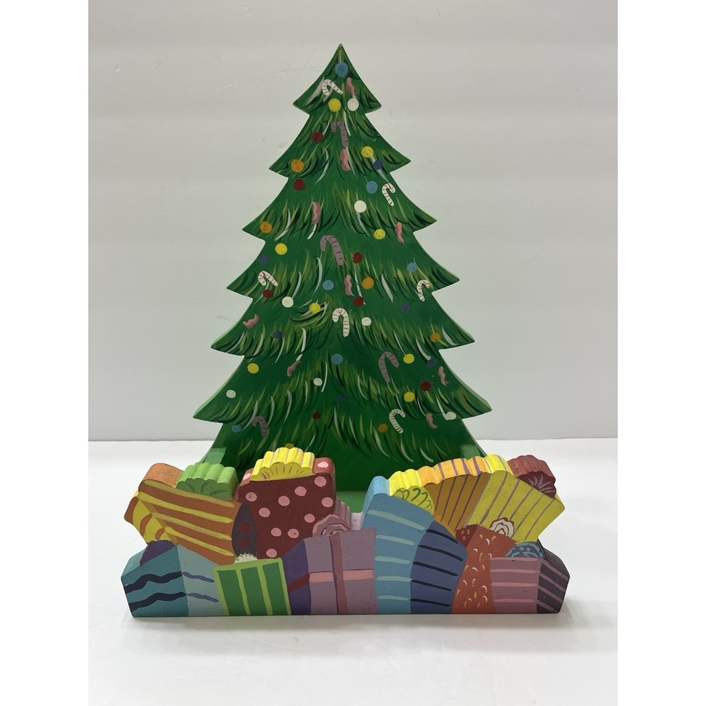 Christmas Tree Wooden Decor Hand Painted By Seasons Card Holder 13x11" Green